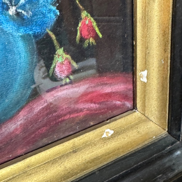 Vintage 1960s bouquet painting on velvet, thick oversized wood framed, damaged - Picture 5 of 6